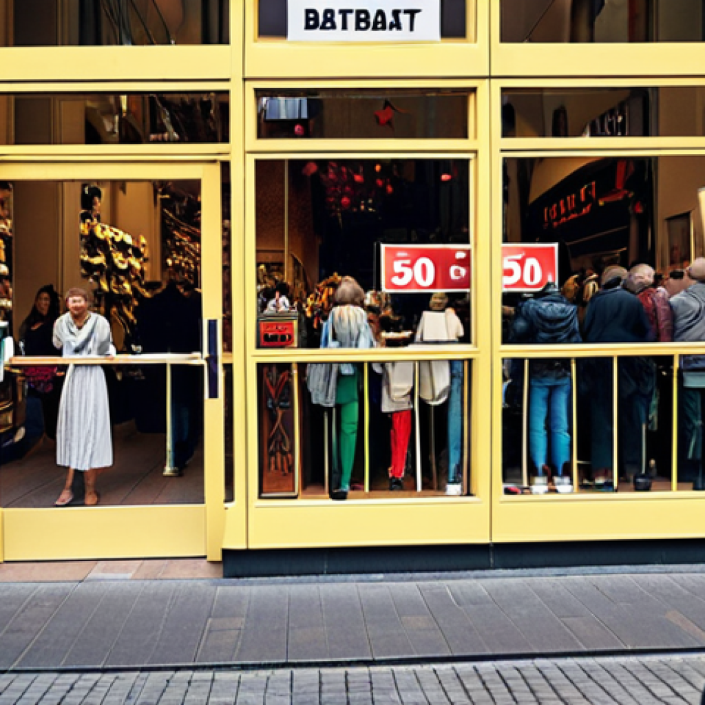 **Prompt:** A crowded shopping street in Berlin, Germany. Focus on a storefront with a large "50% Rabatt" (50% Discount) sign prominently displayed. Shoppers are eagerly looking at the window displays, some reaching for their wallets. The scene captures the excitement and impulsiveness of a sale.