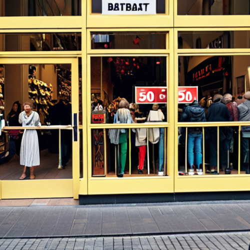 Home 11 **Prompt:** A crowded shopping street in Berlin, Germany. Focus on a storefront with a large "50% Rabatt" (50% Discount) sign prominently displayed. Shoppers are eagerly looking at the window displays, some reaching for their wallets. The scene captures the excitement and impulsiveness of a sale.
