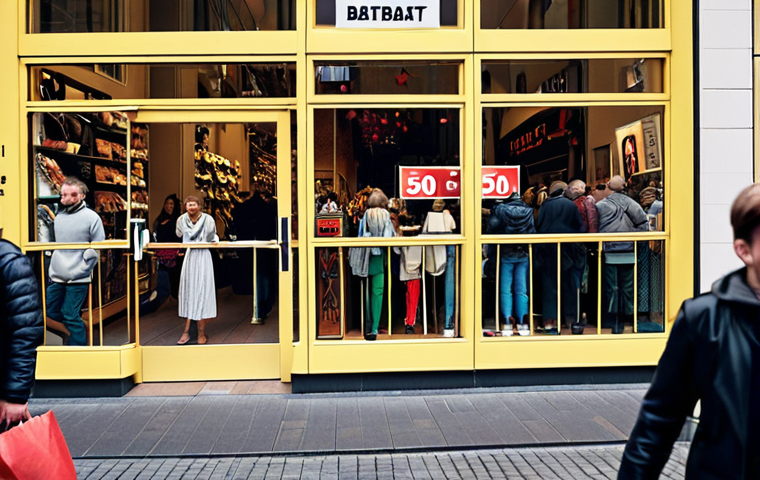 **Prompt:** A crowded shopping street in Berlin, Germany. Focus on a storefront with a large "50% Rabatt" (50% Discount) sign prominently displayed. Shoppers are eagerly looking at the window displays, some reaching for their wallets. The scene captures the excitement and impulsiveness of a sale.