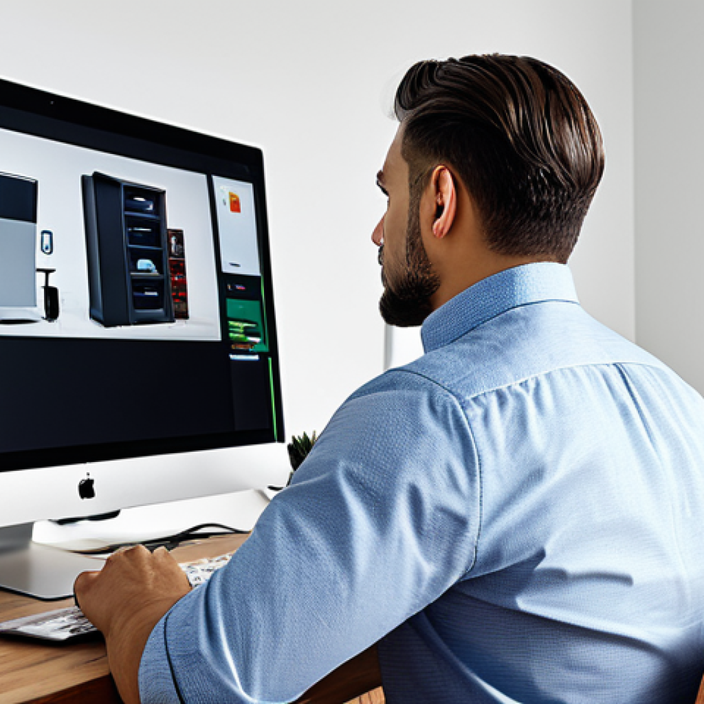 A professional man in a modest business casual shirt, looking at a computer screen in a clean, modern home office setting. The screen prominently displays an online store with several products, one highlighted with "Limited Offer" and a price of &euro;