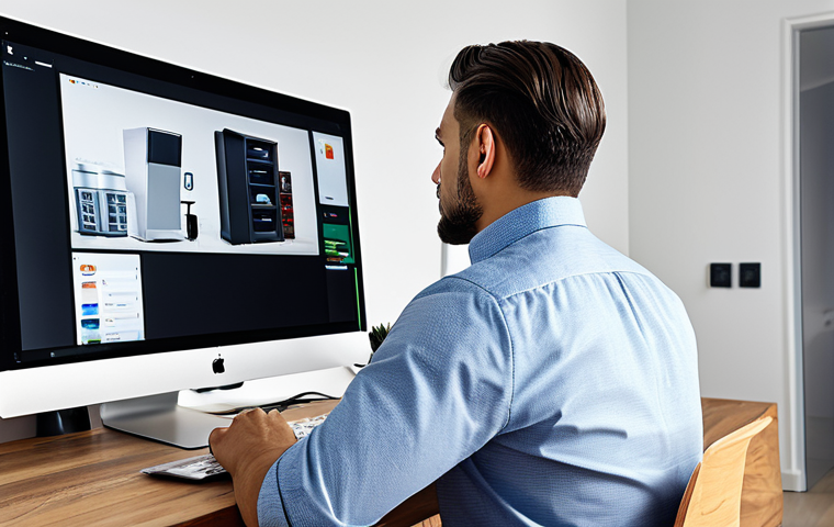 A professional man in a modest business casual shirt, looking at a computer screen in a clean, modern home office setting. The screen prominently displays an online store with several products, one highlighted with "Limited Offer" and a price of €