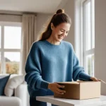 Home 20 감정이 소비자 결정에 미치는 영향 - A joyful young woman, in her late 20s, with a warm smile, carefully unboxing a new, elegantly design...