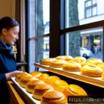 Home 23 행동경제학적 사고가 마케팅 성과에 미치는 영향 - Photorealistic German neighborhood bakery in Munich, warm morning sunlight through large windows, a ...