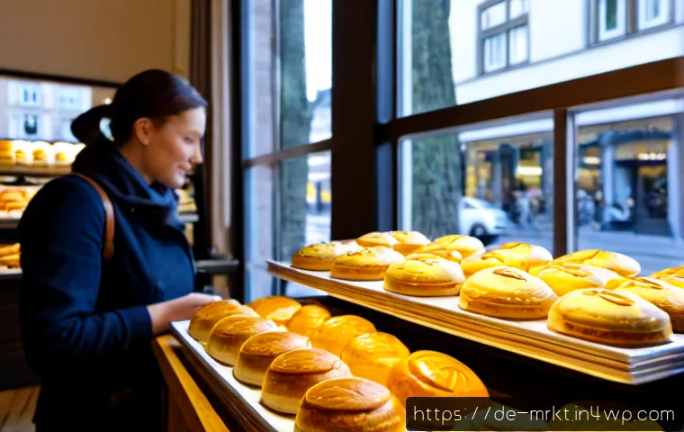 행동경제학적 사고가 마케팅 성과에 미치는 영향 - Photorealistic German neighborhood bakery in Munich, warm morning sunlight through large windows, a ...